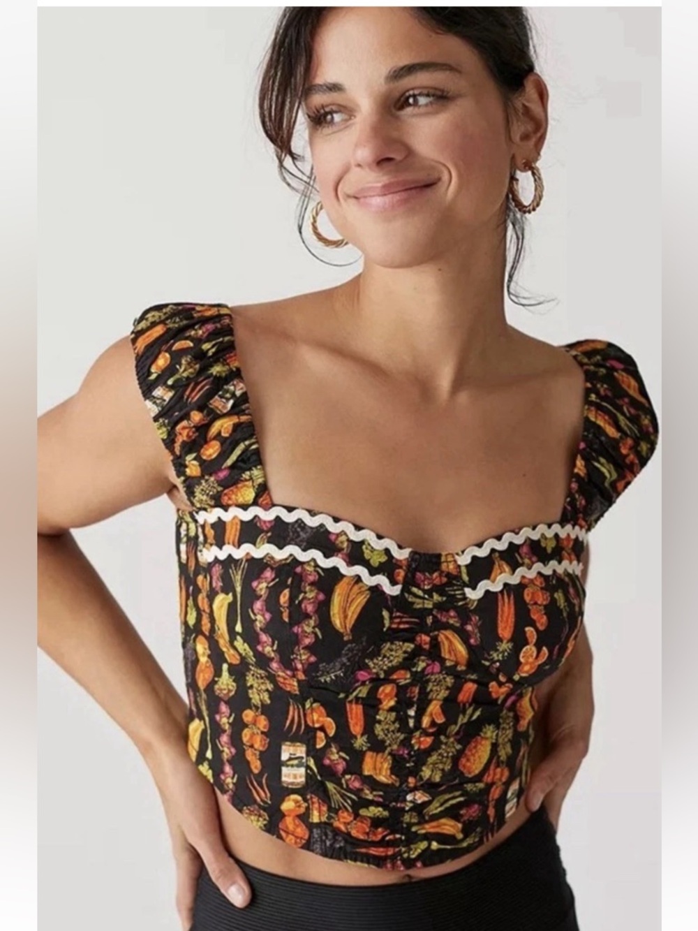 Urban Outfitters OU Farmers Market Y2K Cropped Top Black Multi Fruit XS